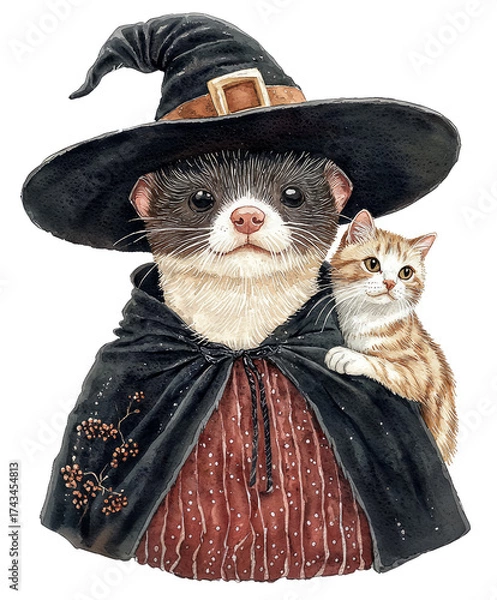 Obraz Ferret Witch with Cat Companion. Halloween.