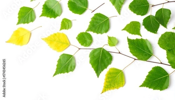 Obraz Colorful birch leaves arranged on white background