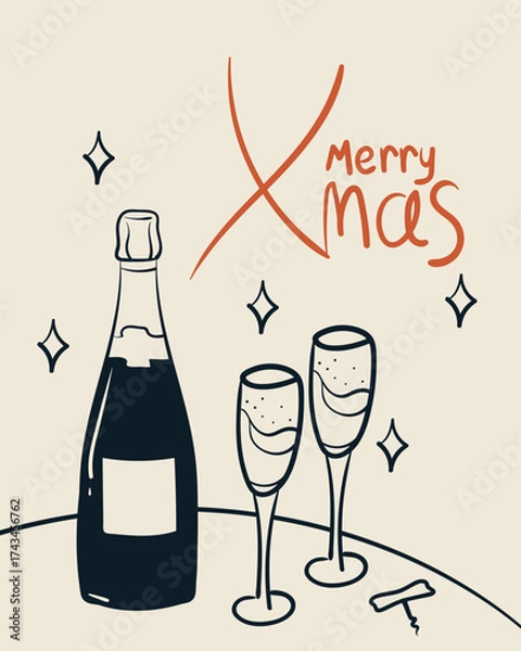 Fototapeta Merry Christmas greeting card. Doodle drawing of champagne bottle and wine glasses. Vintage ink sketch minimalist style. Hand drawn retro style vector illustration.