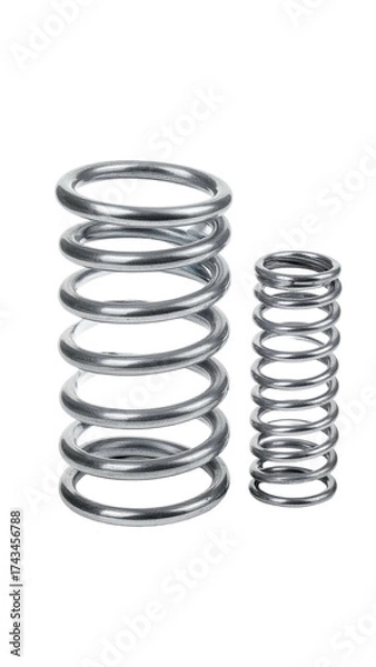 Obraz Two coiled metal springs, one tall, one short, sit against a black background
