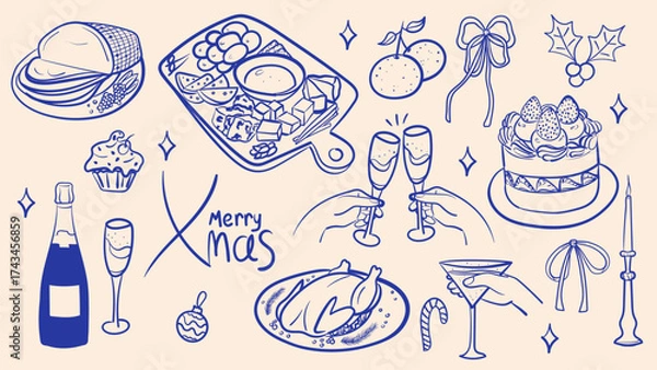 Fototapeta Vintage Merry Christmas elements collection. Christmas dinner table with food and champagne. Doodle ink sketch minimalist style. Hand drawn retro style vector illustration.	