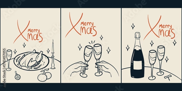 Fototapeta Merry Christmas greeting card set. Doodle drawing of hands holding wine glassesand served table ready for dinner. Wine or champagne cheers. Hand drawn retro style vector illustration.