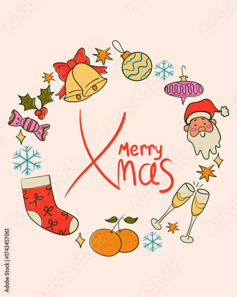 Fototapeta Doodle vintage Merry Christmas greeting card with circle frame. Ink sketch style poster. Retro vector illustration.