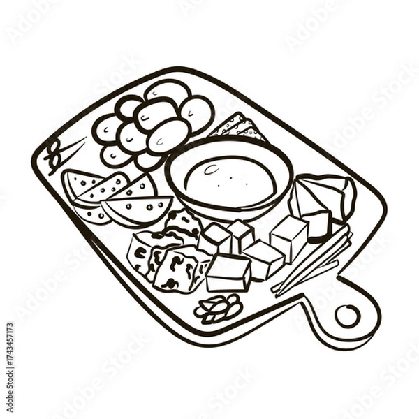 Fototapeta Cheese platter on wooden board. Doodle ink sketch minimalist style. Hand drawn retro style vector illustration.