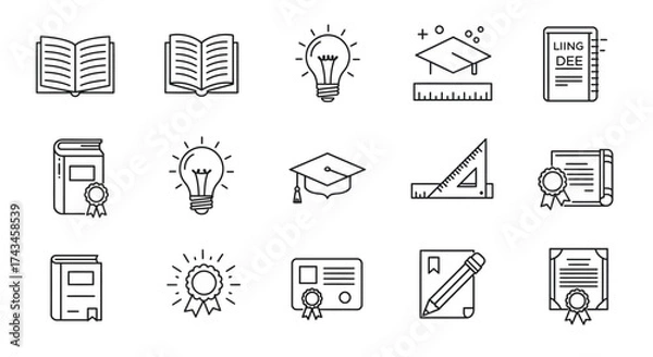Fototapeta Set of educational icons representing knowledge, learning, graduation, and academic achievement, perfect for study resources and school materials