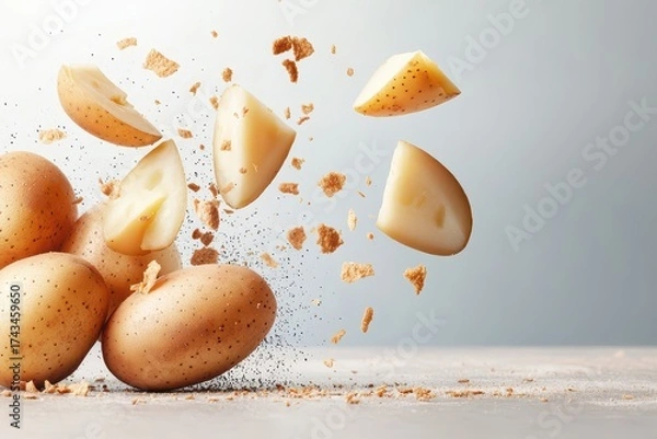 Fototapeta A dynamic display of potatoes in various stages of cutting, surrounded by flying potato fragments against a soft background.