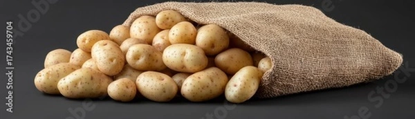 Fototapeta A burlap sack spills fresh, earthy potatoes onto a dark surface, showcasing their natural texture and varying sizes.