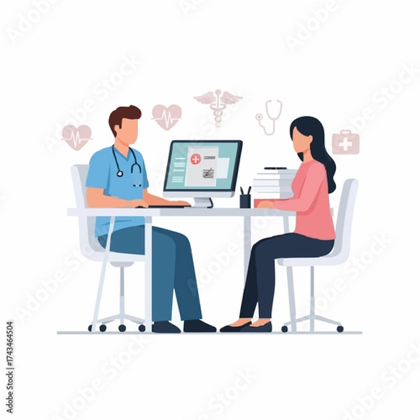 Fototapeta A doctor consulting with a female patient at a desk in a bright office.