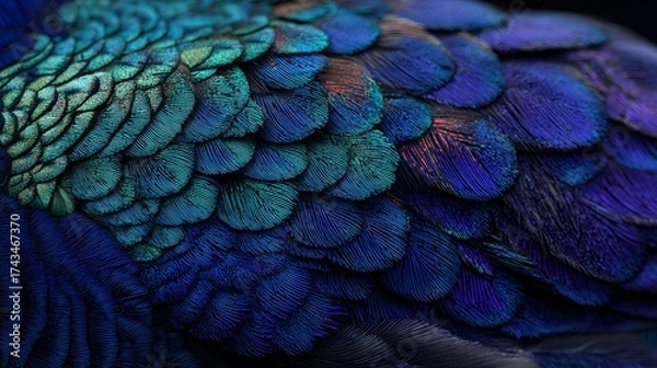 Fototapeta Detailed  captures the vibrant iridescent surface of a bird's feather structure, showcasing a stunning array of blue and green hues with subtle hints of purple and orange, creating a rich textured...