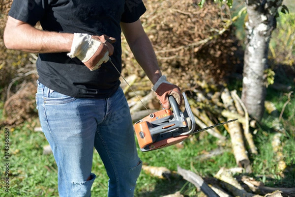 Obraz Homme coupant du bois à la tronçonneuse dans le jardin, travail manuel en automne / Man cutting firewood with a chainsaw outdoors in autumn