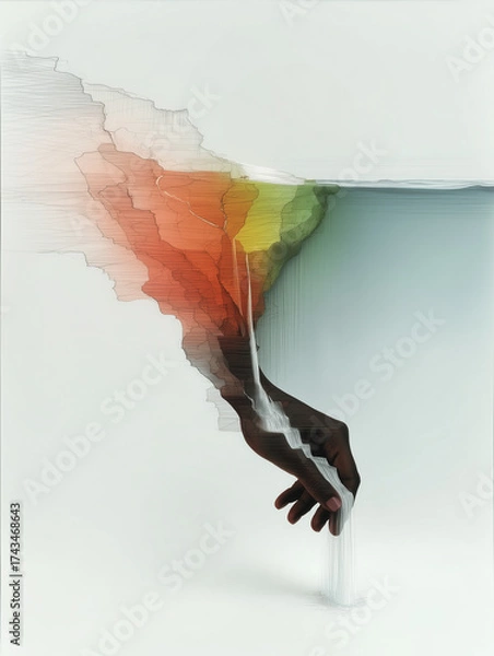 Fototapeta Abstract surreal hand emerging from layered shapes and water