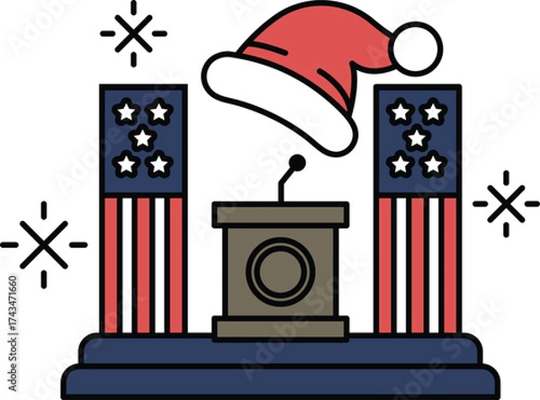 Fototapeta A black and white drawing of a microphone and a hat on top of a podium