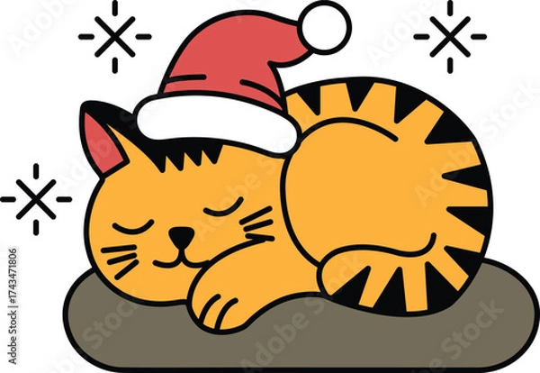 Fototapeta A cat is sleeping on a pillow with a hat on its head