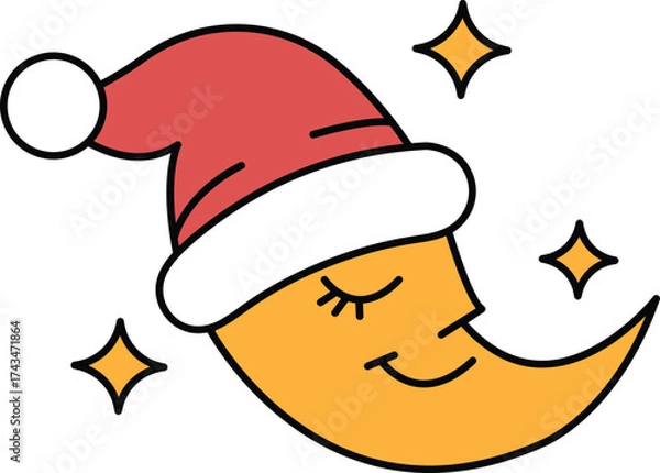 Fototapeta A smiling face with a hat on top of a crescent moon