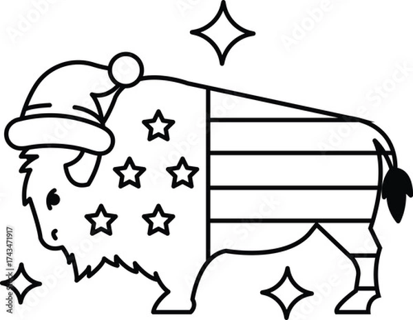 Fototapeta A buffalo with a hat on and stars on its back