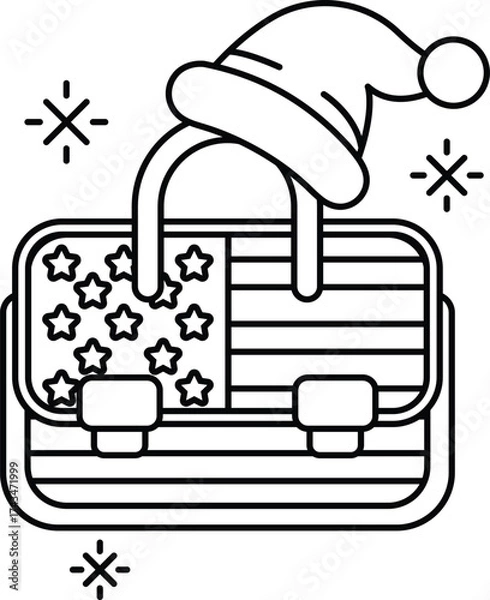 Fototapeta A black and white drawing of a suitcase with a hat on top of it