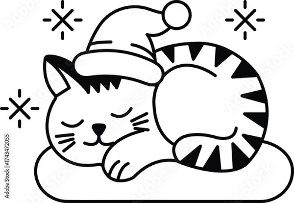 Fototapeta A cat is sleeping on a pillow with a hat on its head