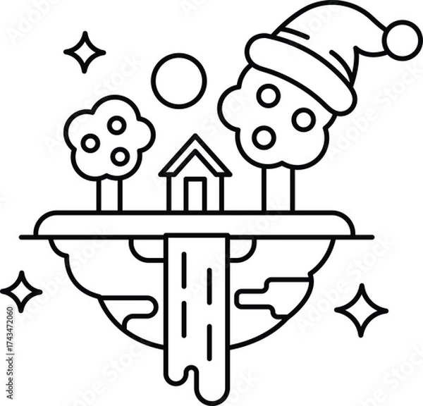 Fototapeta A black and white drawing of a house and trees with a hat on top of it