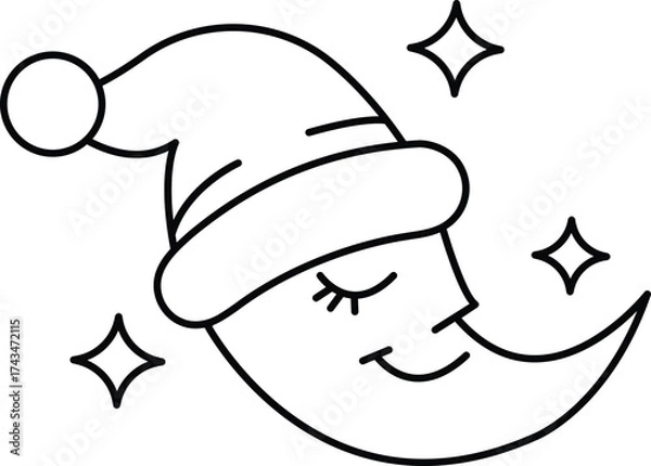 Fototapeta A smiling face with a hat on top of a crescent moon