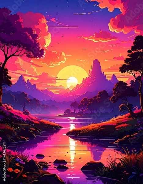 Obraz Vibrant sunset over a tranquil valley