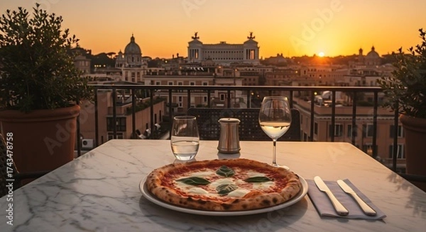 Fototapeta Indulge in authentic Italian pizza with wine at sunset overlooking the stunning Rome skyline from a rooftop terrace, creating a perfect evening ambiance