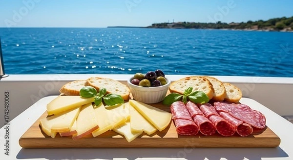 Fototapeta Enjoy delicious cheese, salami, and olives on a boat with breathtaking ocean views under the bright sun, ideal for luxury travel and culinary experiences