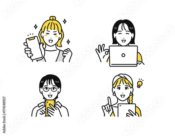 Fototapeta スマートフォン タブレット ノートパソコン 嬉しい 解決 若い女性 アイコン