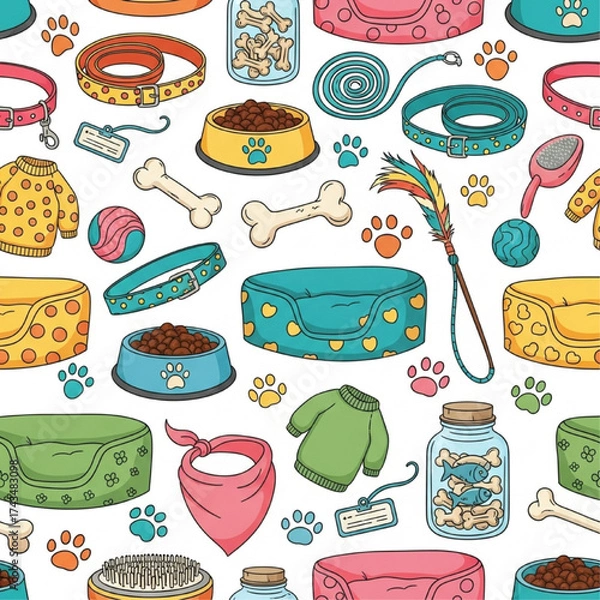 Fototapeta pet_accessories_pawprints_seamless_pattern