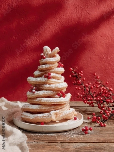 Obraz Festive Christmas dessert - churros pyramid with red berries on red background. Sweet holiday treat, traditional winter flavor.