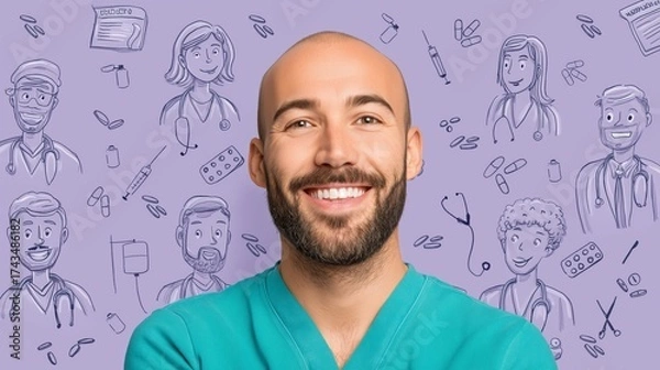 Fototapeta A smiling male medic in a blue uniform against a purple wall with medical sketches. image for healthcare and advertising. A doctor on the background of a wall painted on a medical theme.