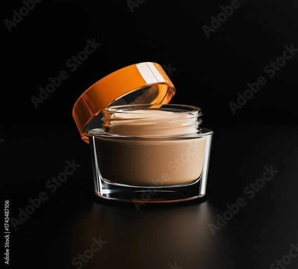 Fototapeta A glass jar with beige cream and an orange lid on a black background. Elegant and concise presentation of a cosmetic product.