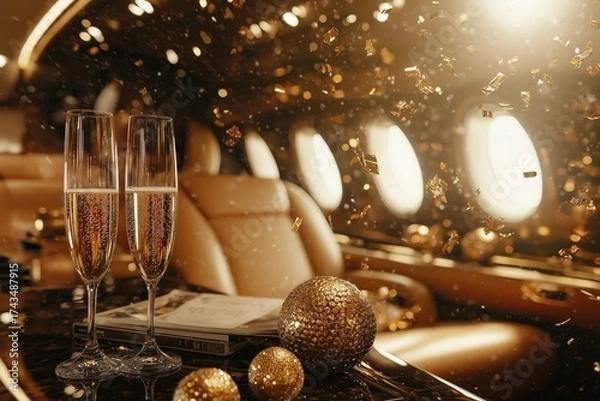 Fototapeta A luxury holiday on a private jet.
Two glasses of champagne, golden balls and confetti on the background of the leather seats of a private jet. The atmosphere of comfort, wealth.