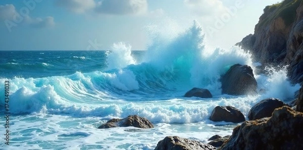 Fototapeta Powerful Ocean Waves Crashing on Rocky Coastline Turquoise Waters and Raw Energy of the Sea