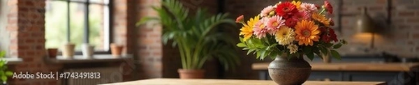 Fototapeta Charming Rustic-Chic Loft Apartment with Vibrant Spring Flowers in Soft Natural Light