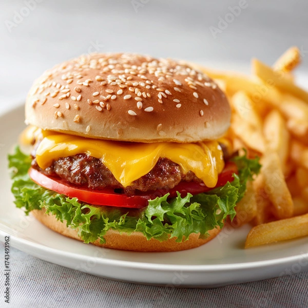 Fototapeta Ai juicy cheeseburger with fresh lettuce, tomato, and crispy fries served on a plate