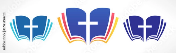 Fototapeta Symbol of Holy Bible, open book with colorful pages and cross of Jesus. Creative concept. Set of icons.