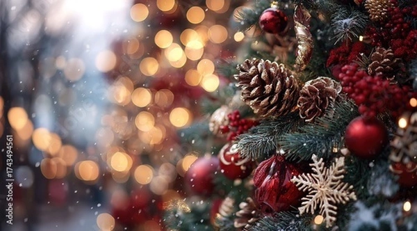 Obraz christmas tree with red ornaments and pine cones, blurred background of bokeh lights and snowflakes, close-up. christmas decorations. abstract festive background. new year's atmosphere. stock photo wi