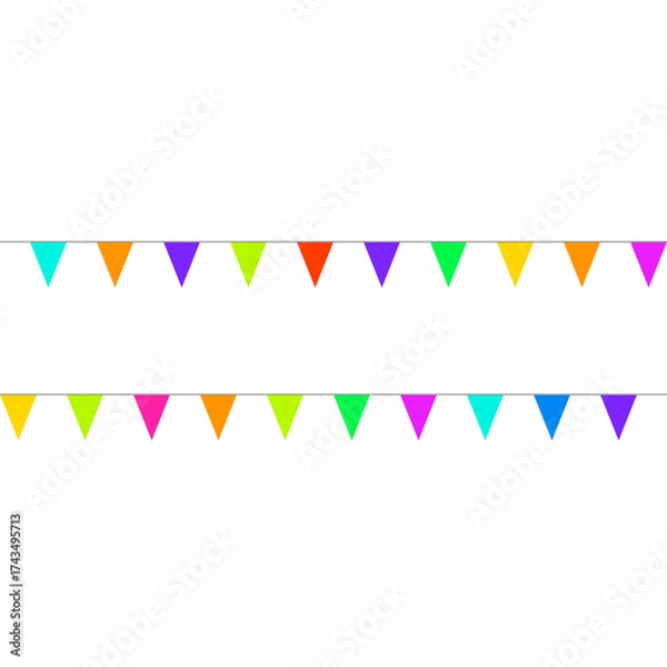 Fototapeta Abstract colorful horizontal pattern. Seamless print composed of red, blue, yellow, green flags on white background. Festive garland of triangle flags