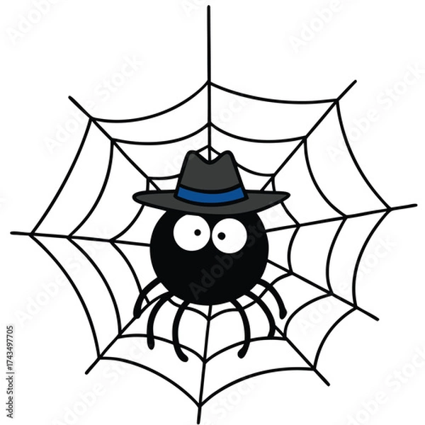 Obraz Vector art of cartoon spider wearing a hat in a spiderweb