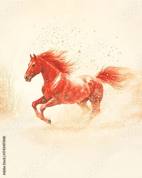 Fototapeta Nordic watercolor illustration of a fiery red horse galloping through a snowy landscape, symbolizing the New Year, with flowing golden mane, delicate snowflakes, soft paper texture, calm festive.