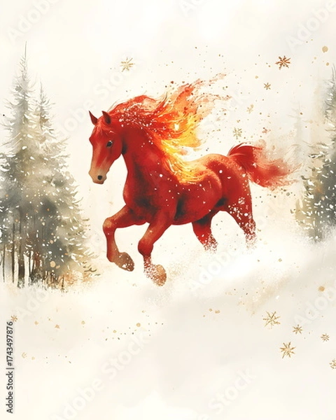 Fototapeta Nordic watercolor illustration of a fiery red horse galloping through a snowy landscape, symbolizing the New Year, with flowing golden mane, delicate snowflakes, soft paper texture, calm festive.