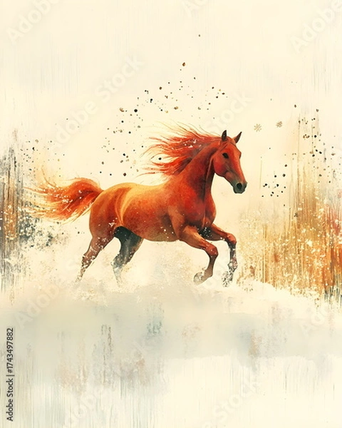 Fototapeta Nordic watercolor illustration of a fiery red horse galloping through a snowy landscape, symbolizing the New Year, with flowing golden mane, delicate snowflakes, soft paper texture, calm festive.