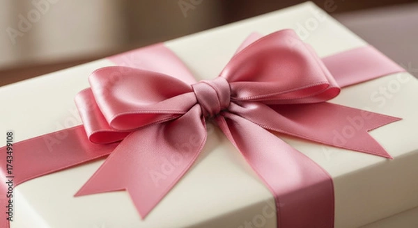 Obraz Beautifully Wrapped Gift Box with Elegant Pink Ribbon Decoration