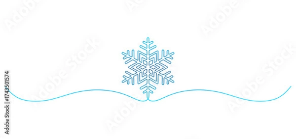 Fototapeta Minimalist blue line art illustration of a snowflake with geometric symmetry placed above a smooth decorative wave line. The clean, elegant design symbolizes winter, cold weather