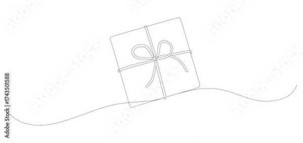 Fototapeta Minimalist black line art illustration of a gift box tied with a simple ribbon and bow, placed above a smooth decorative line. The clean and elegant continuous line style conveys simplicity 