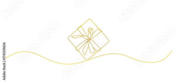 Fototapeta Minimalist yellow line art illustration of a gift box with a neatly tied ribbon and bow, placed above a flowing decorative line. The clean and elegant design conveys a festive