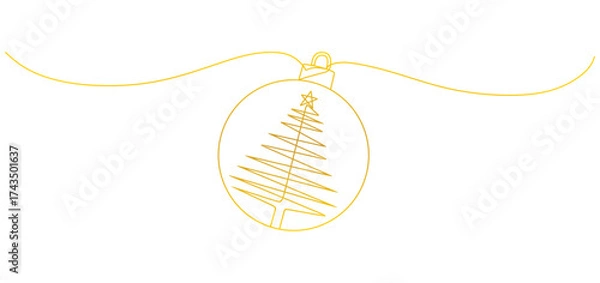 Fototapeta Minimalist yellow line art illustration of a Christmas ornament featuring a stylized Christmas tree with a star on top. The design is elegant and simple