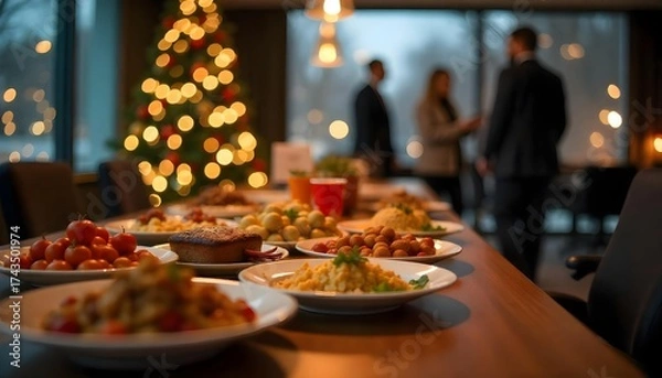 Fototapeta A festive table with food and drinks set in front of a decorated Christmas tree at an office holiday party