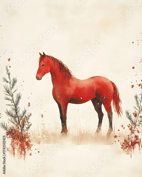 Fototapeta Minimal nordic watercolor illustration of a fiery red horse standing gracefully on a soft beige paper background, with subtle snowflakes and pine twigs, warm golden tones, calm festive mood, modern.