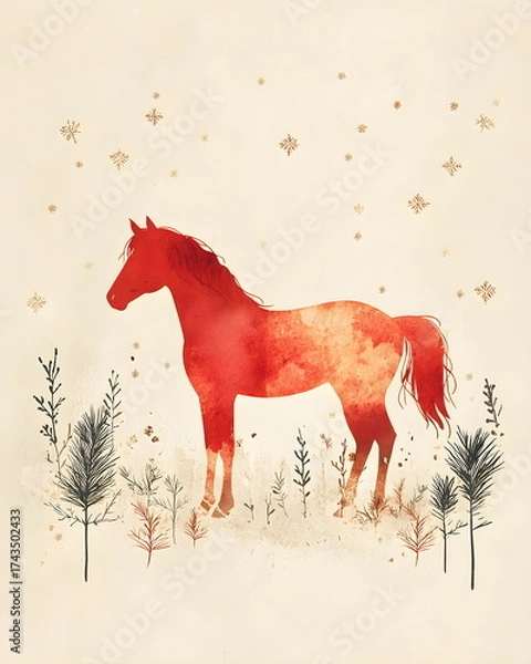 Fototapeta Minimal nordic watercolor illustration of a fiery red horse standing gracefully on a soft beige paper background, with subtle snowflakes and pine twigs, warm golden tones, calm festive mood, modern.